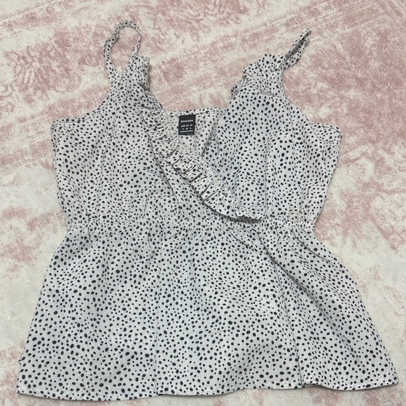 Tops - Polka Dot Ruffle Wrap Cami Top - White/Black